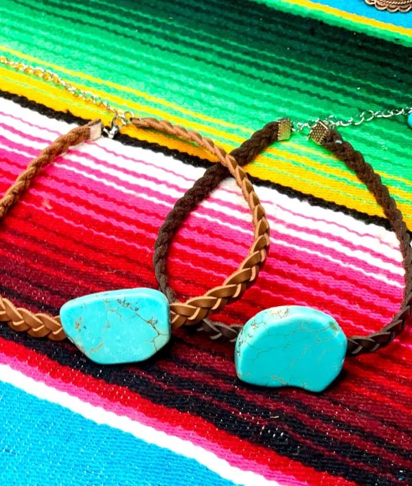 CHOKER COURO CLARO COM PEDRA NATURAL TURQUESA-0